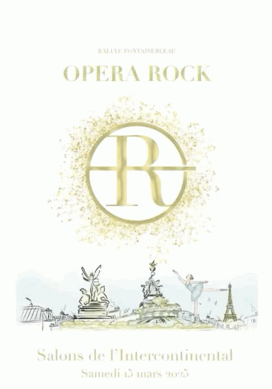 Invitation VIP animé Rallye Fontainebleau Affiche d'Opéra Rock avec des illustrations et des monuments parisiens.