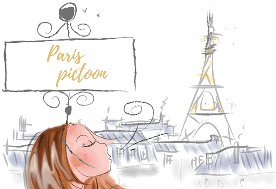 logo, signature mail animée Paris-Pictoon Femme rêvant avec une pancarte "Paris" et la tour Eiffel en arrière-plan.