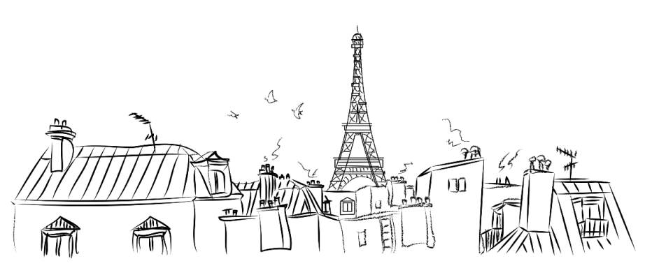 Paysage parisien vu de face : une succession d’immeubles et de maisons esquissés au trait fin, avec la Tour Eiffel à l’horizon.