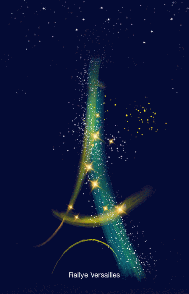Invitation VIP animée design Rallye Versailles Tour Eiffel stylisée avec des éclats d'étoiles sur fond nocturne.