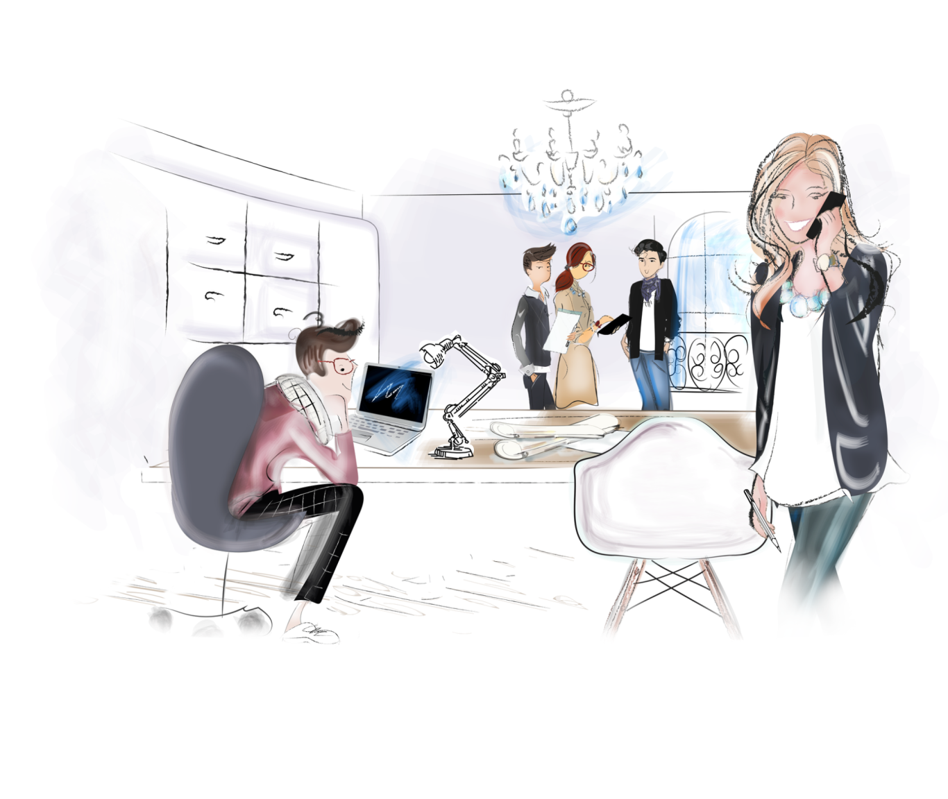 bureau travail open space paris Un bureau moderne avec des personnes en discussion et une femme utilisant un téléphone.