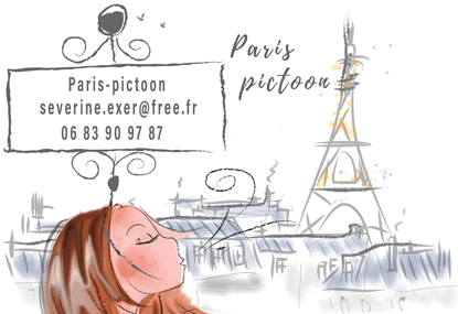 signature mail animée PP Illustration d'une femme moderne avec la tour Eiffel en arrière-plan. Informations de contact.