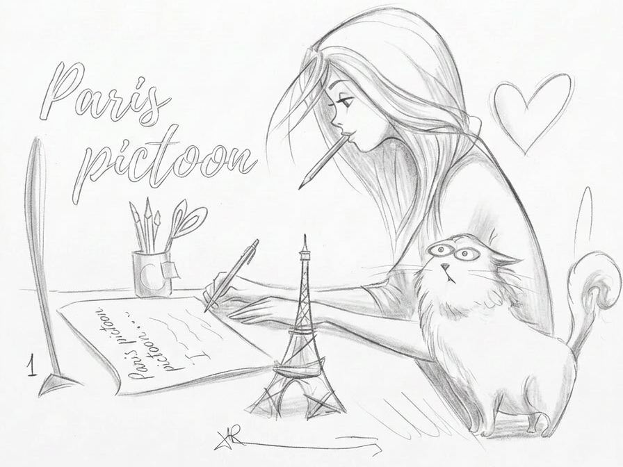Femme dessinant à Paris avec un chat et la tour Eiffel en arrière-plan.