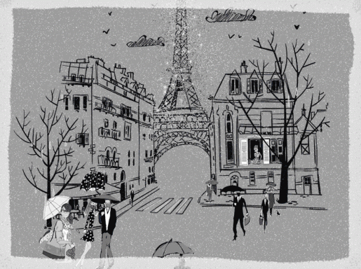Carte de voeux animée: Emerson - Cabinet d'Audit et de Conseil à Paris Scène parisienne en noir et blanc avec la tour Eiffel et des personnages sous la pluie.